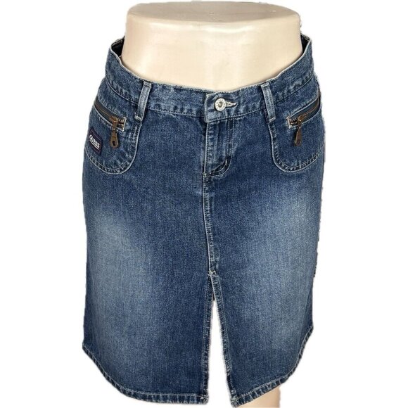 Guess 28 Logo Blue Denim Button Zip Pockets Slit Front Cotton Knee Length Skirt - Picture 2 of 6